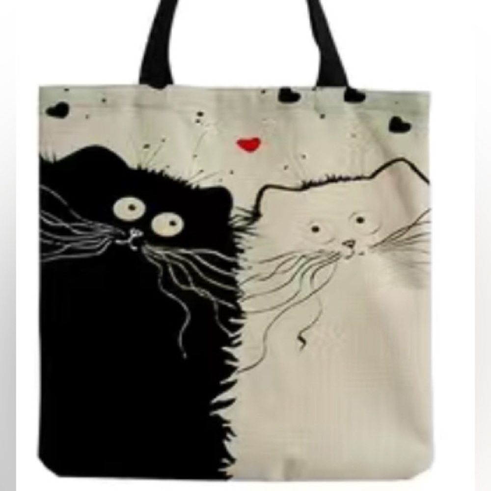 NEW! Large 16” Fluffy Black Cat & Friend Tote Bag